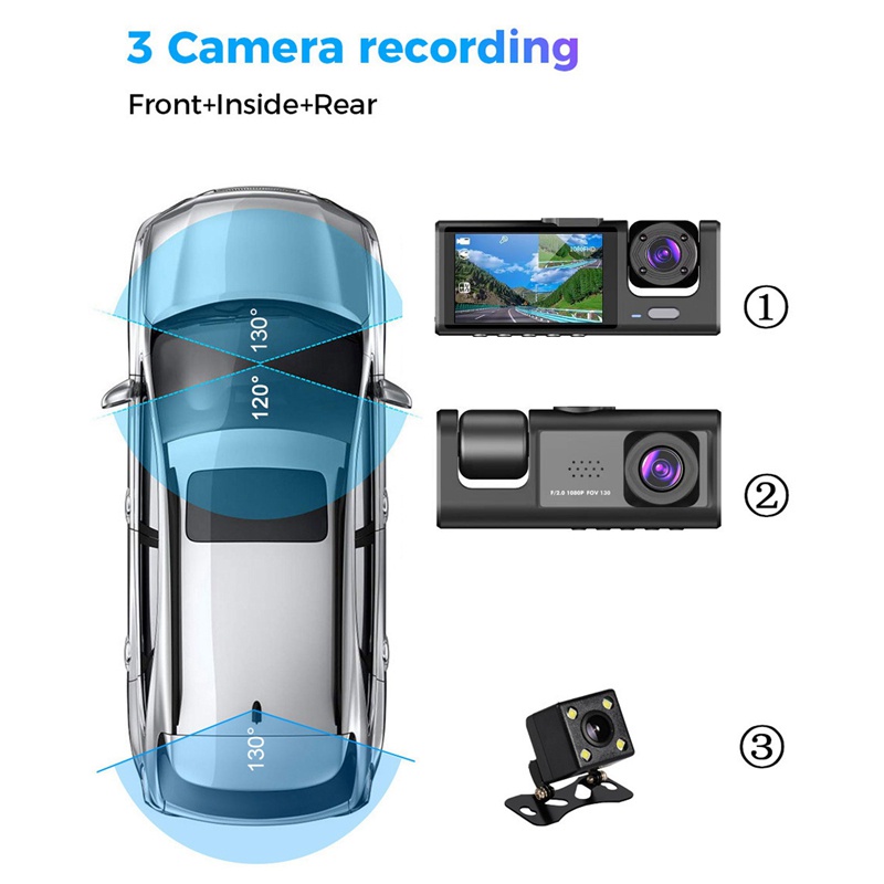 1 Bộ 3 Camera Hành Trình Màn Hình 1080P 2 Inch Cho Xe Taxi Uber