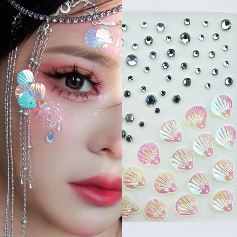 Miếng Dán Trang Trí Mặt Họa Tiết Vảy Cá / Vỏ Sò / Bướm Màu Bạc Đính Kim Cương Lấp Lánh