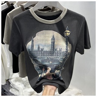 Áo Thun cotton Ngắn Tay Cổ Tròn Màu Sắc vintage Cho Nữ