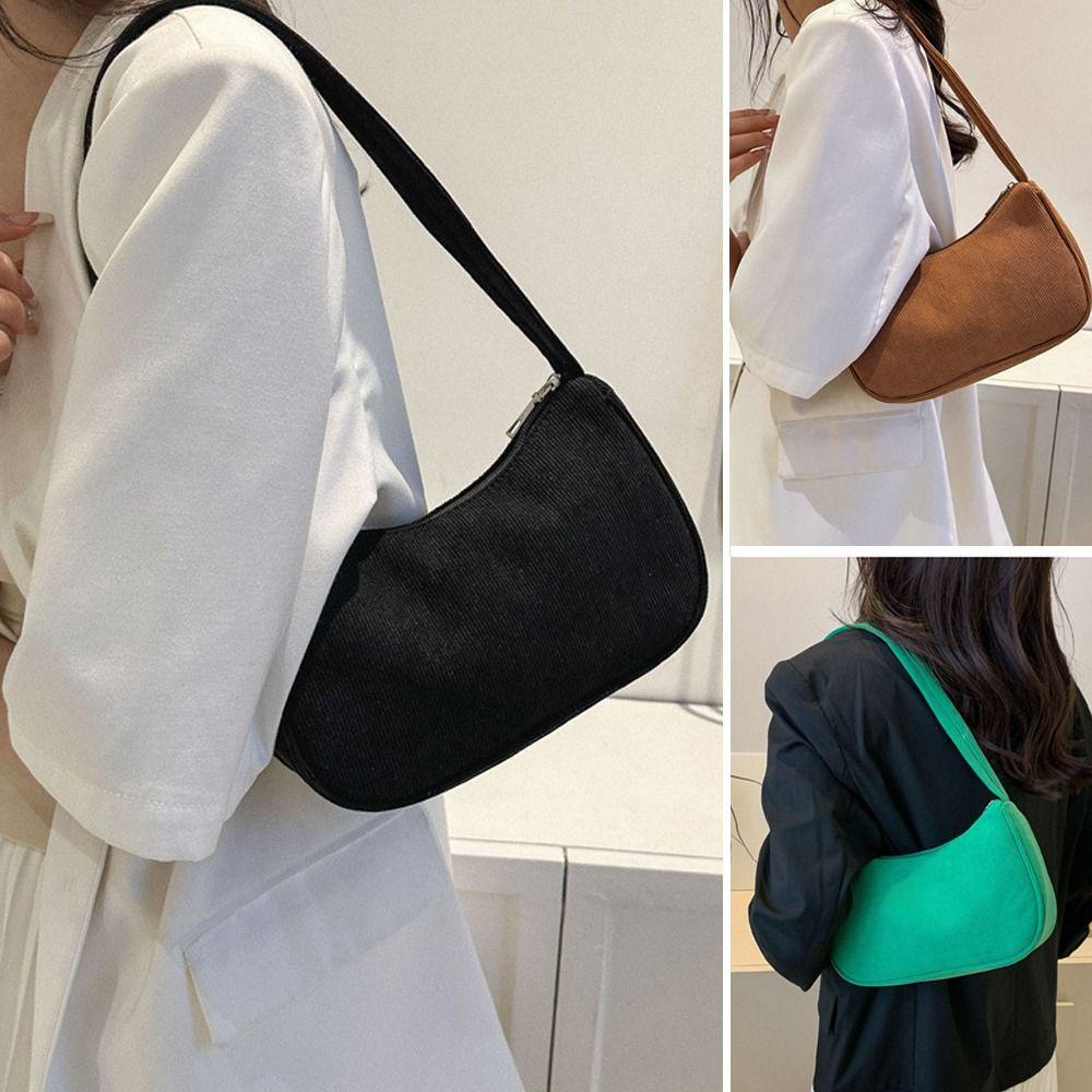 Túi Xách Đeo Dưới Cánh Tay Vải Nhung Kẻ Màu Trơn Có Khóa Kéo Kiểu Vintage Hàn Quốc Cho Nữ