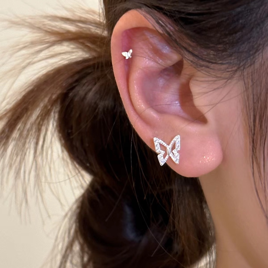 Bông Tai Mạ Bạc 925 Hình Bươm Bướm Đính Đá Zircon Thời Trang