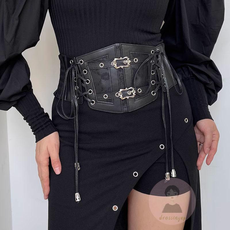 Dre-women faux leather tie-up lace patchwork có thể điều chỉnh hình dạng eo