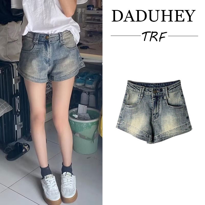 DaDuHey New American Ins High Street Retro Denim Shorts Niche High Waist Loose Wide Leg Pants Hot Pants