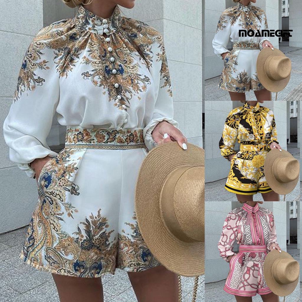 1 bộ quần short áo sơ mi nữ set hoa văn cổ điển in cao cổ hai-mảnh đơn ngực dài tay áo sơ mi có túi cho văn phòng