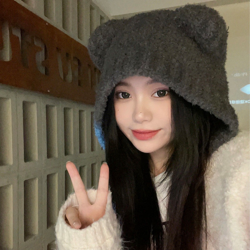 Mũ Len Dệt Kim Đính Tai Gấu Nhỏ Dễ Thương Giữ Ấm Mùa Đông Cho Nữ