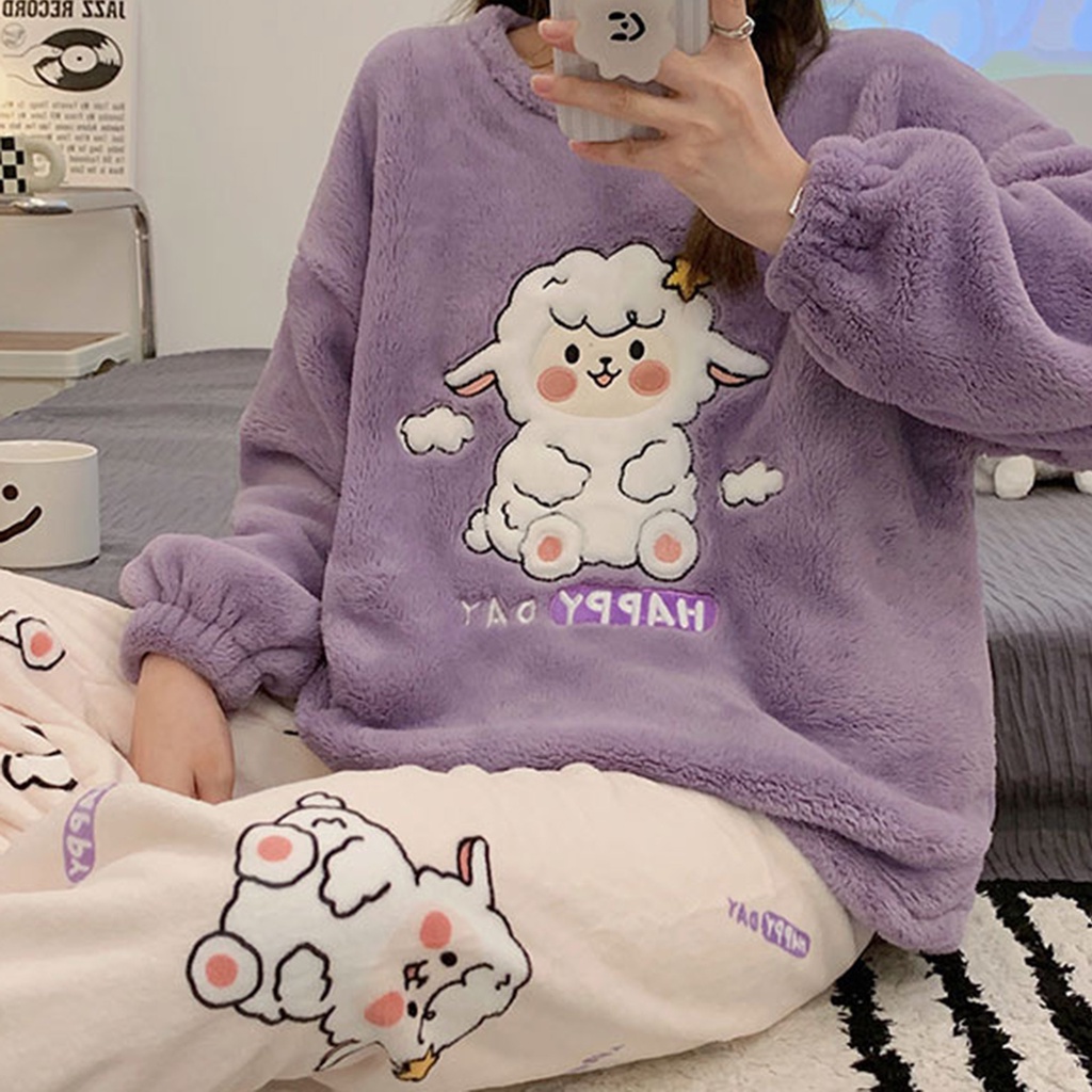 Bộ đồ ngủ nữ fluffy kawaii leisure loose two-piece sleepwear set