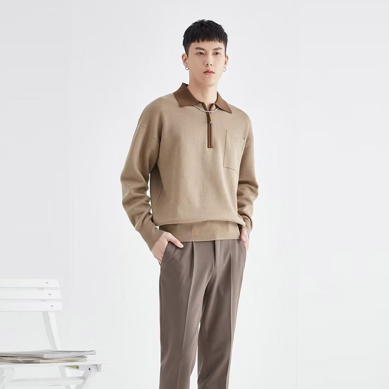 Áo len nam hanlu màu tương phản áo thun polo dệt kim nửa mở ve áo dài tay phong cách nấu chín nhẹ chất lượng cao trên cùng