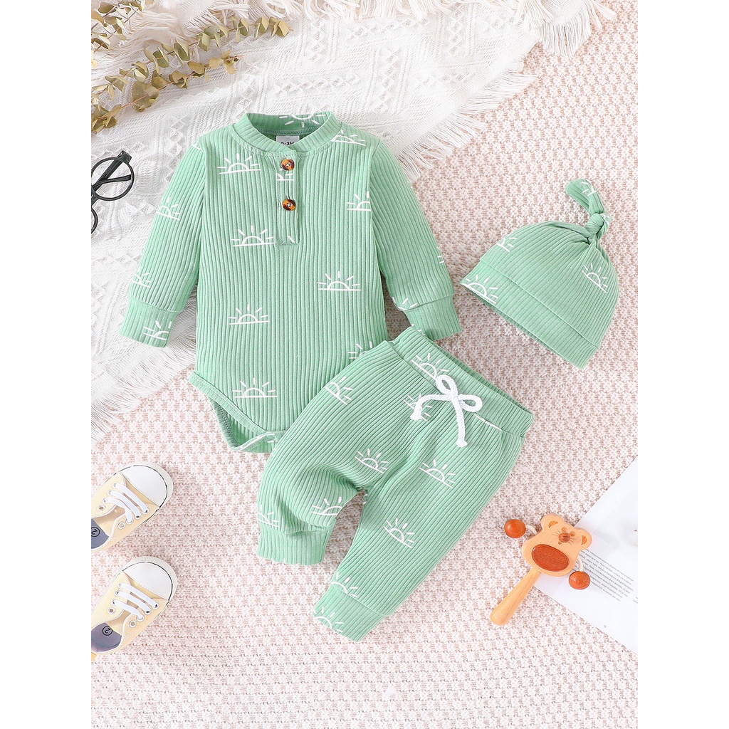 Combo bộ đồ bé Trai Gái 0-18 tháng dài tay in hình mặt trời bodysuit liền thân quần dài có mũ set thời trang cho bé trẻ em sơ sinh