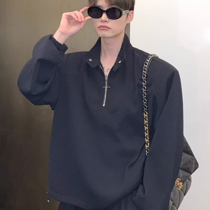 Thời trang dây kéo waffle polo áo sơ mi nam phong cách hàn quốc stand-up cổ áo nam t-shirt thiết kế cảm giác xu hướng lỏng lẻo hàng đầu thường dài tay áo sơ mi nam