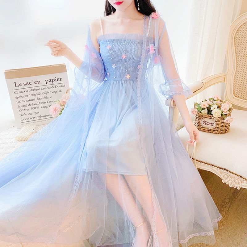 Set Đầm Hoa Hai Dây + Áo Khoác cardigan Chống Nắng Thời Trang Mùa Hè Cho Nữ