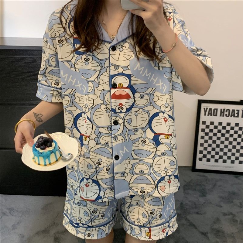 Bộ Đồ Ngủ Tay Ngắn In Hình Doremon Dễ Thương Thời Trang Mùa Hè Cho Nữ
