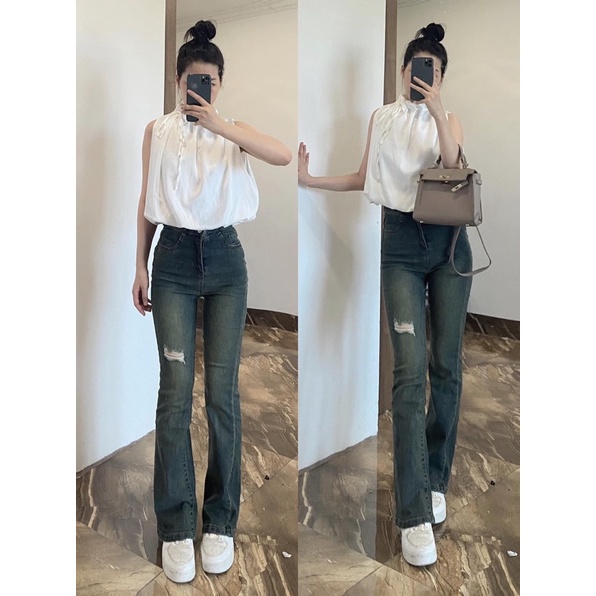 Quần jeans loe co giãn rách 1 bên đùi màu sắc mới lạ phong cách hiện đại