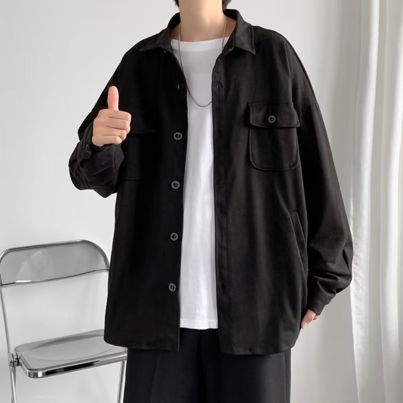 Overalls long-sleeved shirt jacket nam trendy loose outer shirt jacket plus fat plus size ruffian đẹp trai xuân thu