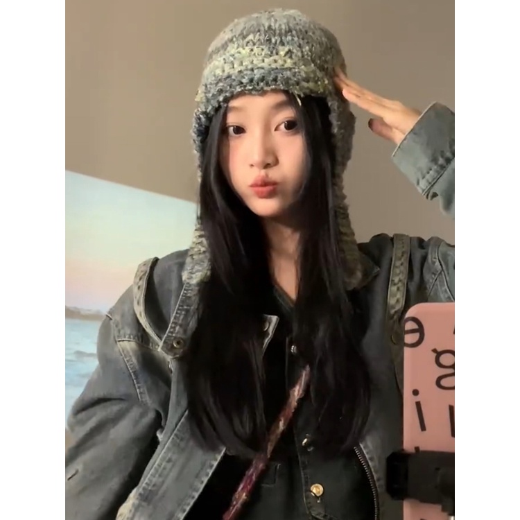 Mũ len mùa đông chu vi đầu lớn nữ hiển thị khuôn mặt nhỏ đầy màu sắc sọc mũ xô nhỏ hoa cọc mũ ấm lạnh tất cả