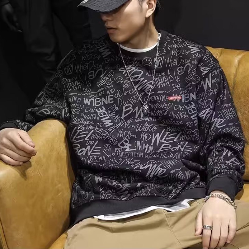 Áo sweatshirt HANLU chất nỉ da lộn dày dặn day tay dáng rộng in chữ cái cho nam