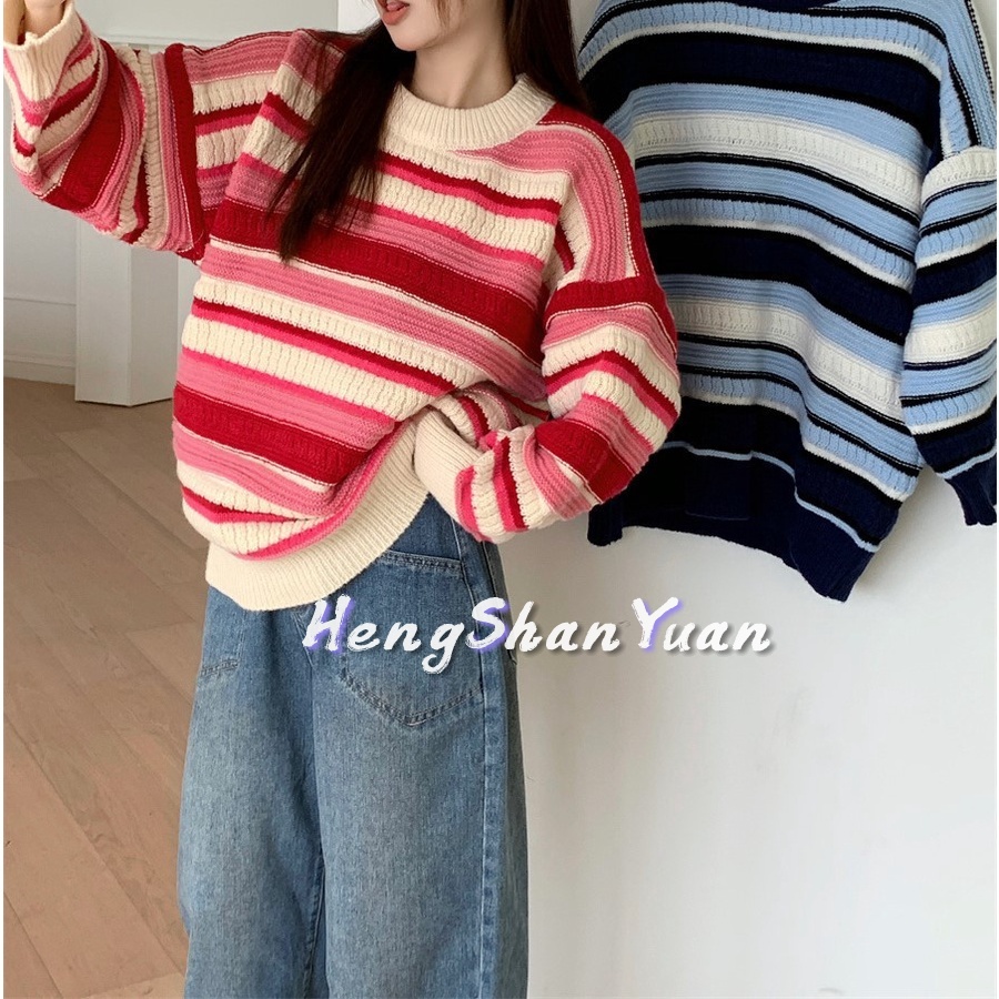 Áo len HENG SHAN YUAN tay dài dáng rộng họa tiết sọc ngang thời trang phong cách