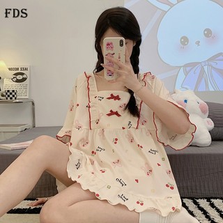 Fds cherry bộ đồ ngủ dễ thương mùa hè mới của phụ nữ quần short tay ngắn đơn giản ngọt ngào thoải mái quần áo mặc nhà thoáng khí bộ hai-piece
