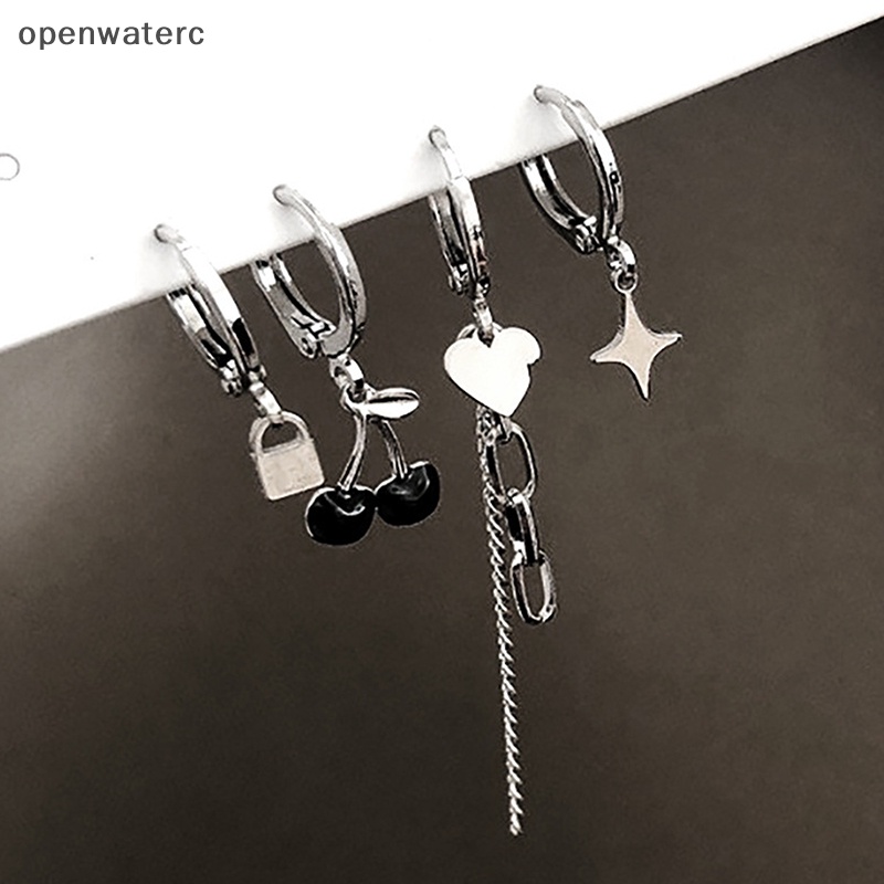 Openwaterc 1 bộ phong cách hàn quốc thời trang màu bạc stud earring set punk cool earrings for women heart eardrop trendy light jewelry vn