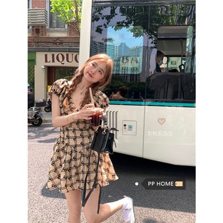 Dễ thương nhỏ tươi mát hợp thời trang puff sleeve flocking cherry v-cổ ballet style narrow-waisted dress