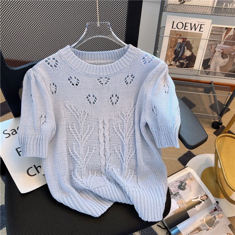 French hollow knitted t-shirt short-tay mỏng cổ tròn top leml