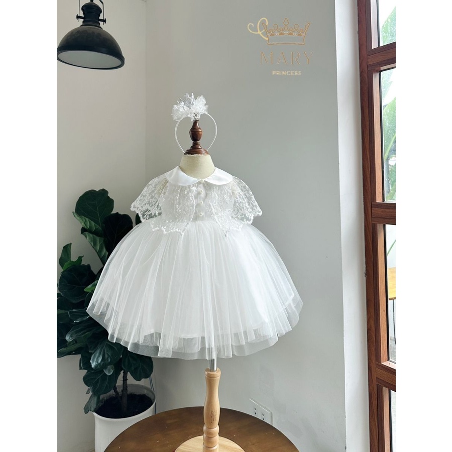 Váy công chúa đầm công chúa bé gái màu trắng cổ sen xòe rộng áo choàng rời tặng cài tóc  MARY PRINCESS