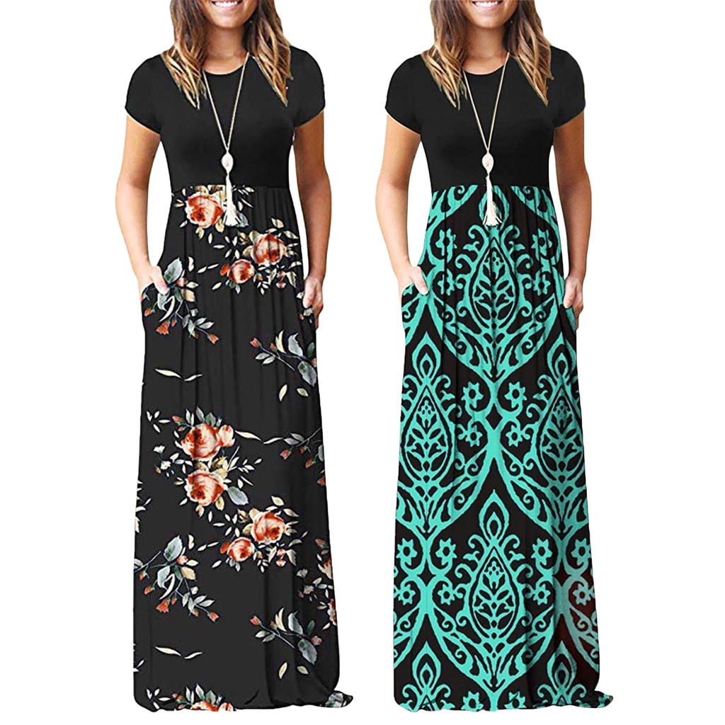 000 คน Đầm Mùa Hè Ngắn Tay Có Túi Đầm Maxi Dài Cổ Tròn Xếp Ly Eo Đế Chế Thanh Lịch Châu Âu Cho Kỳ Nghỉ Cuối Tuần