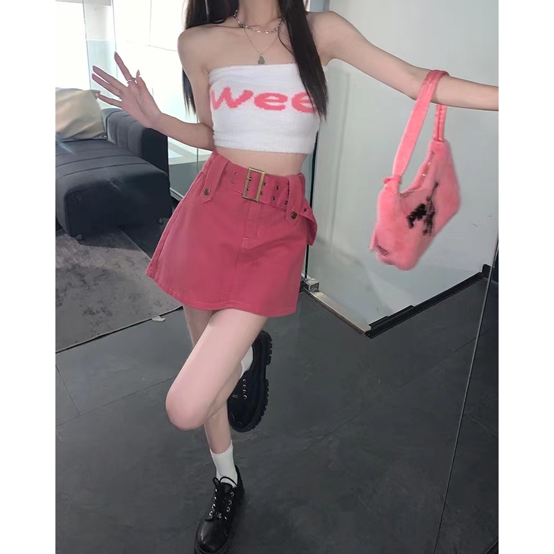 Chân váy chữ A màu hồng thời trang Hàn Quốc，Chân váy denim ôm eo cao. quần culottes gợi cảm