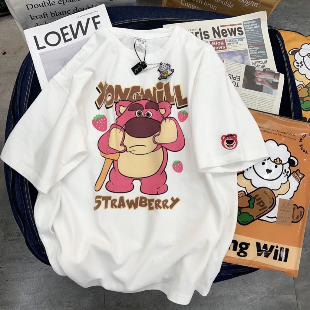 Áo Thun Tay Ngắn Dáng Rộng In Hình Gấu Và Dâu Tây Phong Cách Retro Mỹ Thời Trang Xuân Hè 2023 Cho Nữ FT5037