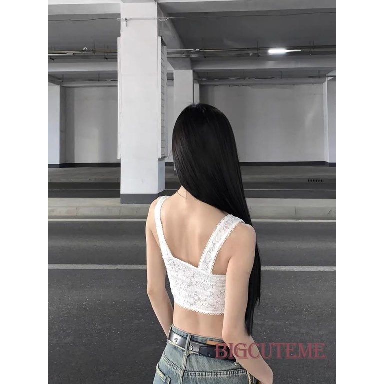 [] Áo Croptop Ren Không Tay Màu Trơn Mùa Hè Ôm Dáng Cho Nữ