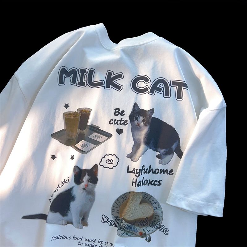 Áo Thun Tay Ngắn Dáng Rộng In Hình Mèo Dễ Thương Phong Cách Retro Mỹ Thời Trang Mùa Hè Cho Nam