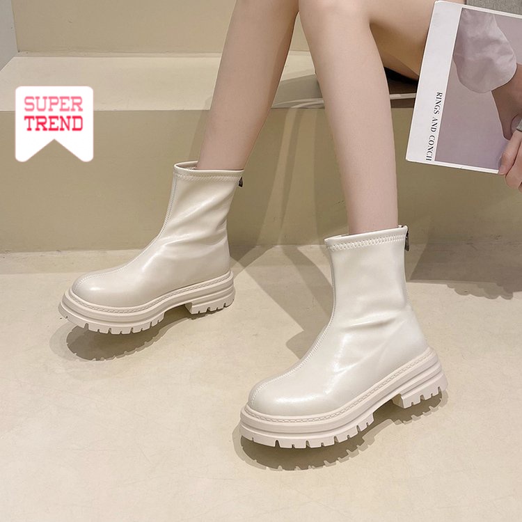 Giày Bốt Cao Gót Mũi Tròn Màu Trơn Phối Khóa Kéo Thời Trang Cho Nữ