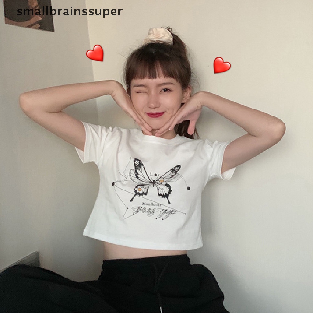 Áo Thun Croptop Tay Ngắn Cổ Tròn Dáng Ôm In Họa Tiết Bướm Thời Trang Mùa Hè Xinh Xắn Cho Nữ