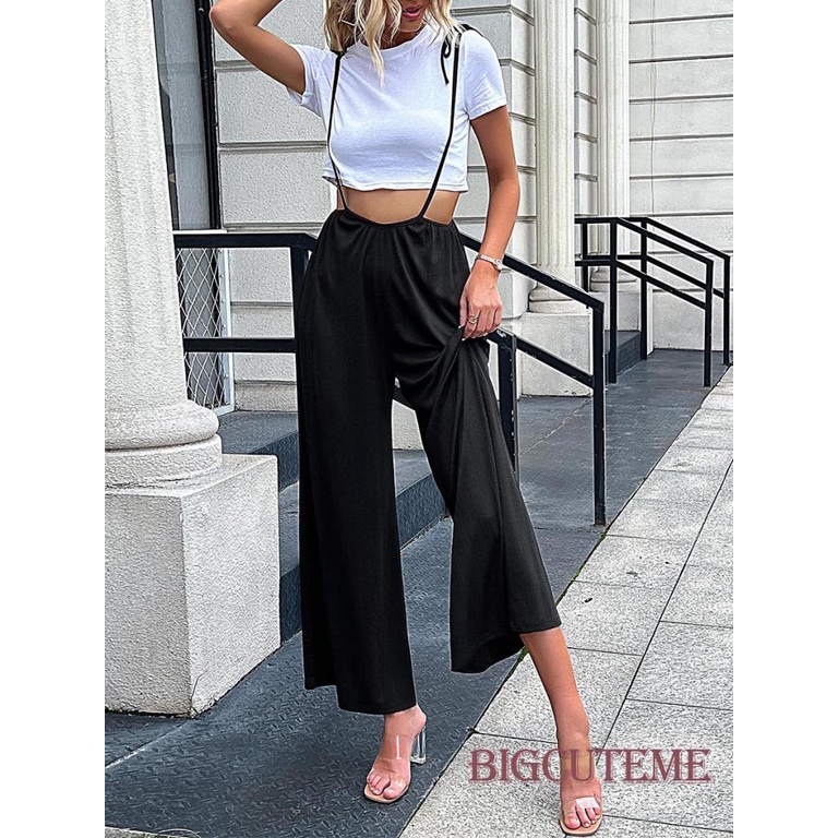 [] Quần Yếm Dài Ống Rộng Lưng Cao Không Tay Màu Đen Giản Dị Dành Cho Nữ