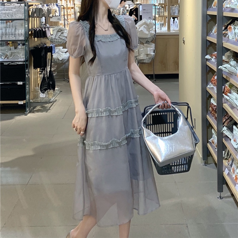 IELGY   Đầm Eo Cao Phối Ren Mỏng Màu Trơn Phong Cách IELGY    mori Dành Cho Nữ