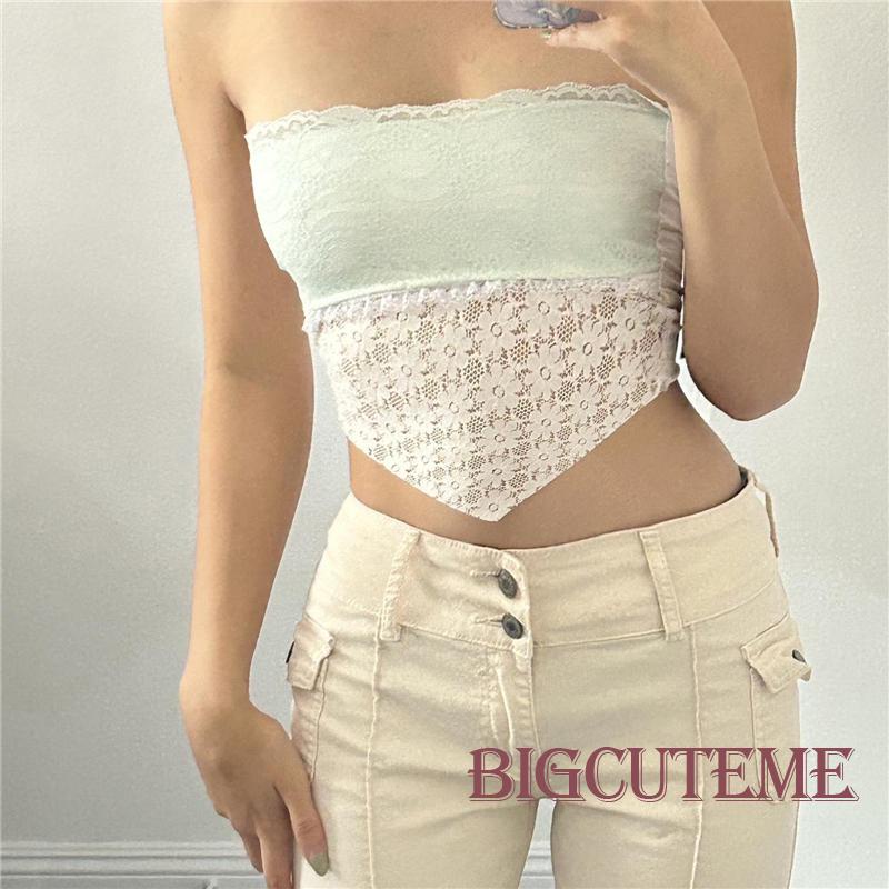 [] Áo Ống Mỏng Không Tay Không Đối Xứng Viền Ren Hoa Mùa Hè Cho Nữ