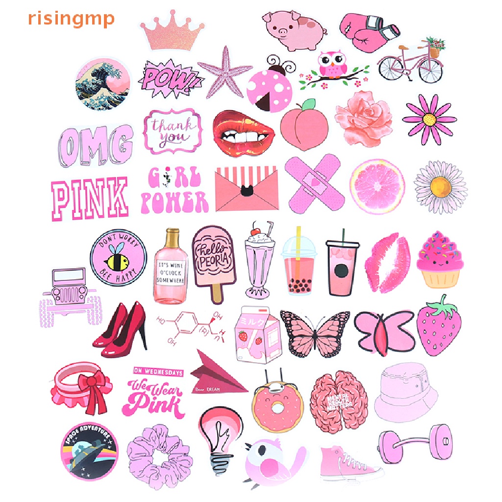 Bộ 50 Miếng Dán Màu Hồng Họa Tiết Hoạt Hình Dùng Trang Trí Vali / Laptop / Xe Đạp / Xe Hơi DIY
