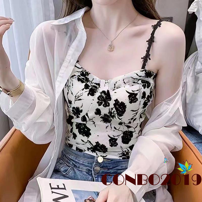 Áo Crop Top Không Tay In Hoa Có Đệm Ngực Dành Cho Nữ