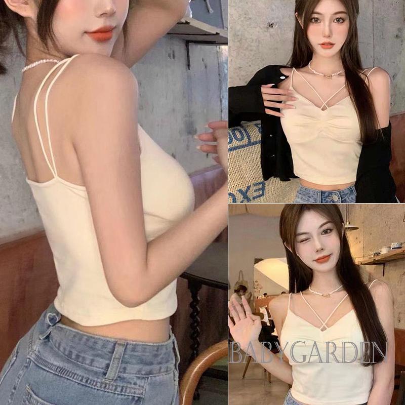 Babygarden Áo Hai Dây Mỏng Mùa Hè Ôm Sát Màu Trơn Dây Chéo Có Đệm Ngực Màu Trắng / Đen / Hồng / Xanh Dương Cho Nữ