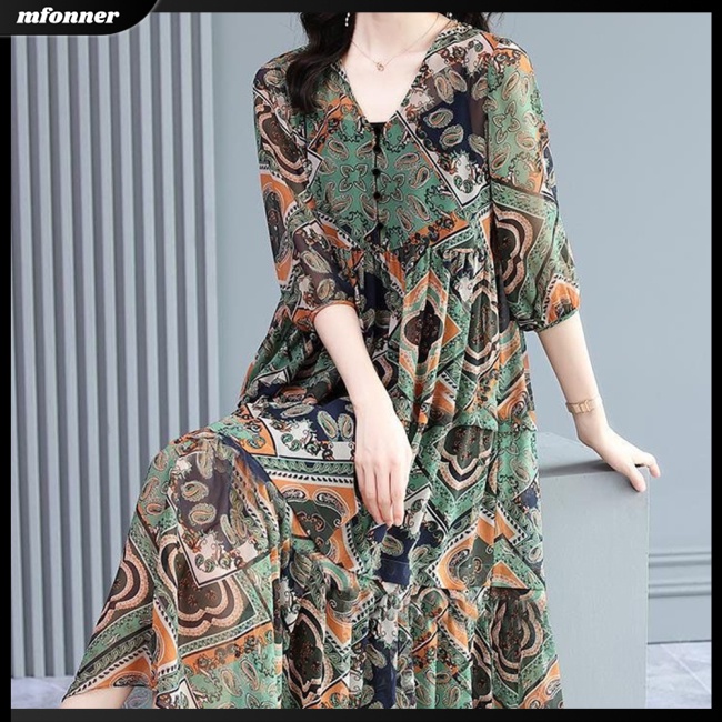 Đầm Tay Ngắn Cổ Chữ V In Họa Tiết Retro Thời Trang Dành Cho Nữ