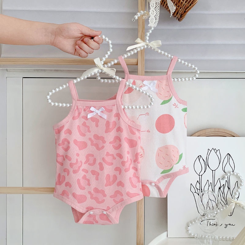 Bộ Áo Liền Quần Hai Dây Họa Tiết Kẻ Sọc Dễ Thương Thời Trang Mùa Hè Cho Bé Gái Sơ Sinh