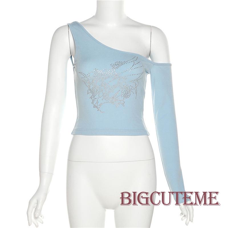 [] - Áo Croptop Trễ Vai Tay Dài Đính Kim Cương Nhân Tạo Màu Xanh Dương Phong Cách Đường Phố Dự Tiệc Thường Ngày Cho Nữ