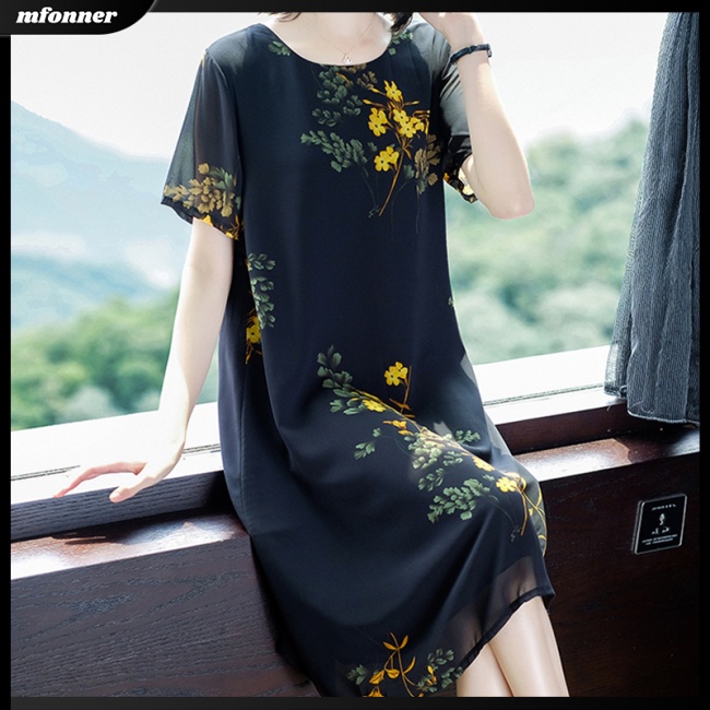 Đầm Midi Tay Ngắn Cổ Tròn Dáng Rộng In Họa Tiết Thời Trang Xinh Xắn Cho Nữ