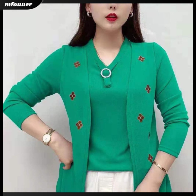 Áo Sweater Giả Hai Lớp Dáng Rộng Tay Dài In Hình Cây Cối Màu Trơn Thời Trang Cho Nữ
