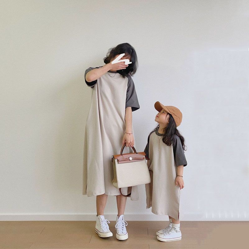 Đầm Thun Dài Mùa Hè 2023 Tay Cộc Raglan Màu Sắc Tương Phản Cho Mẹ Và Bé