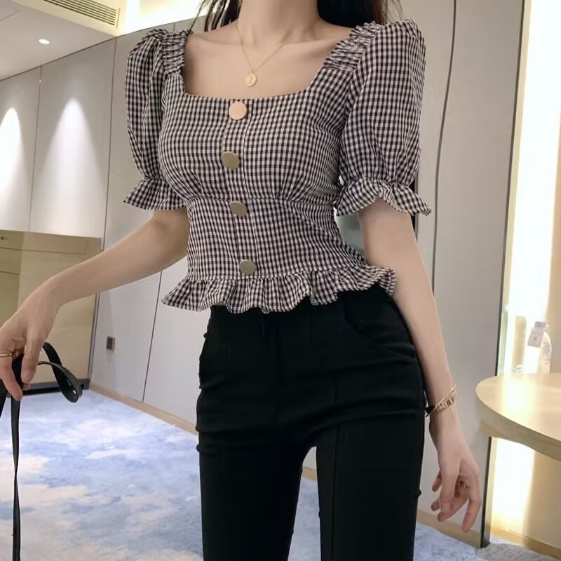 Nzn Áo Sơ Mi Crop top Kẻ Sọc Caro Mùa Hè Mới Với Tai Gỗ