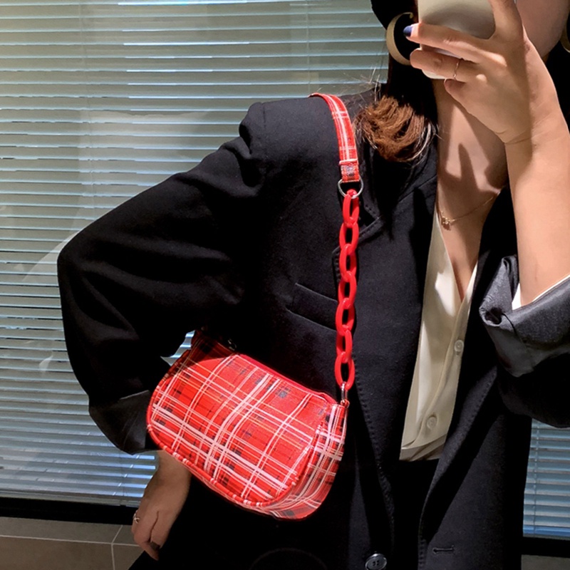 Fancy Túi Xách Đeo Vai Mini Họa Tiết Kẻ Sọc Phối Dây Xích Có Khóa Kéo Phong Cách Retro Dành Cho Nữ