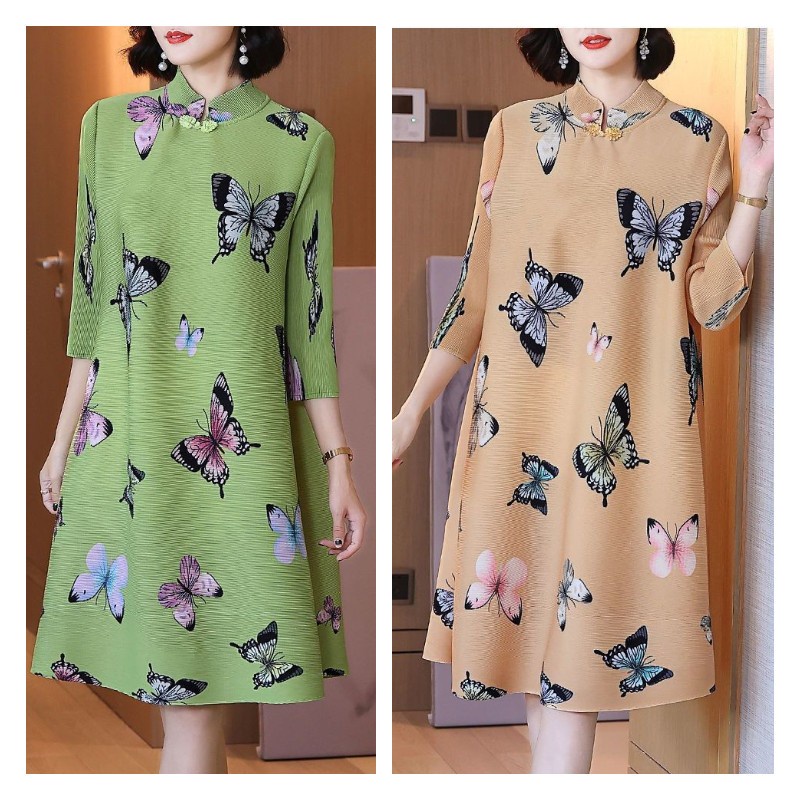 Đầm Sườn Xám Xếp Ly Cổ Đứng Dáng Rộng In Họa Tiết Bướm Phong Cách Trung Hoa Thời Trang Mùa Hè Xinh Xắn Cho Nữ