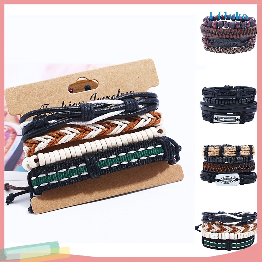 Bộ 4 Vòng Tay Dây Bện Giả Da Nhiều Lớp Màu Trơn Cá Tính Cho Nam