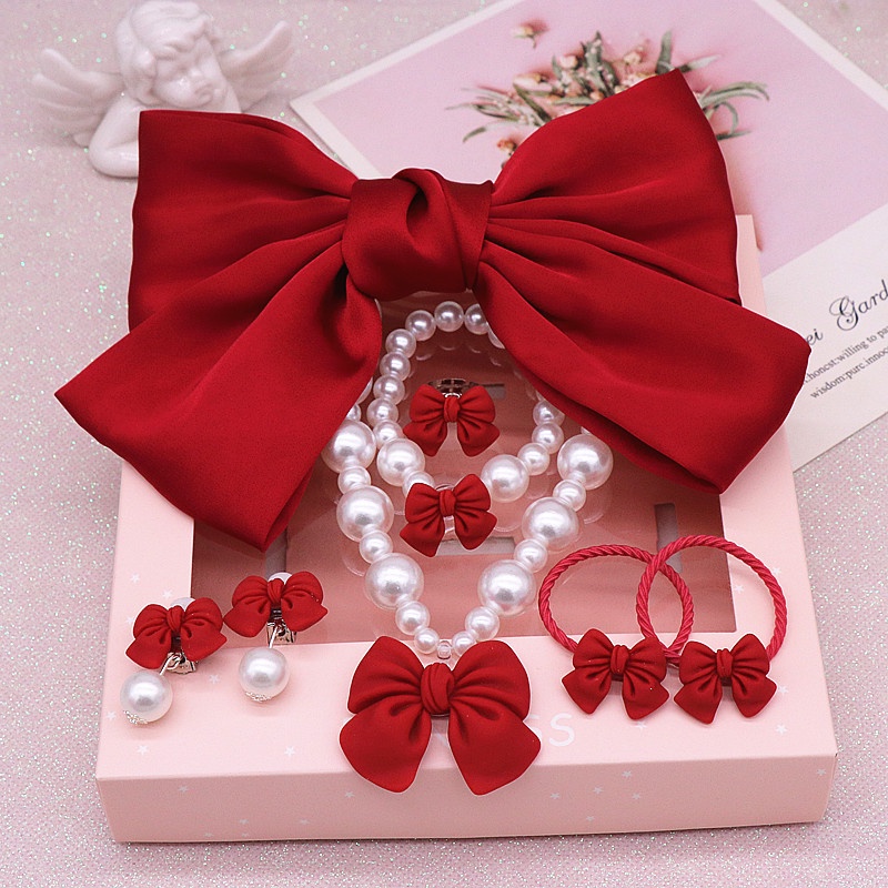 Bộ Vòng cổ & Vòng Tay / Kẹp Tóc Hình Nơ Lớn Đính Ngọc Trai Phong Cách Nhật Bản Cho Bé Gái