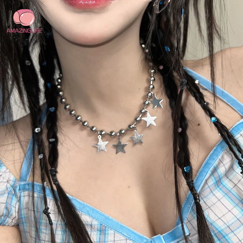 Vòng Cổ Choker Kim Loại Đính Hạt Tròn Ngôi Sao Năm Cánh Y2k Phong Cách Retro Cá Tính Dành Cho Nữ